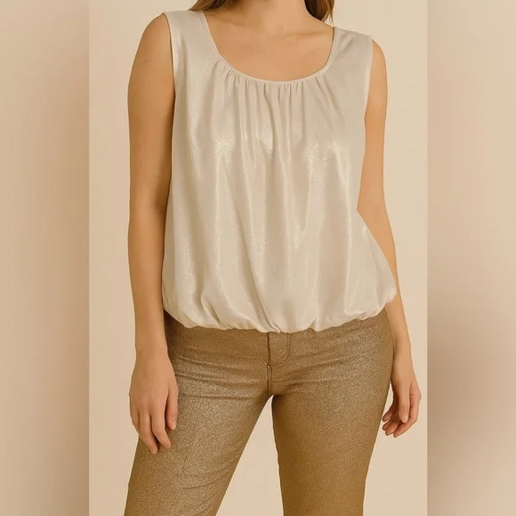 Anthropologie Shimmer Sleeveless Metallic Ivory Tank Top Bubble Hem Boho Small - Picture 2 of 10